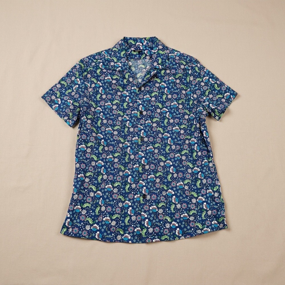 Express Men's Shirt Medium Blue Floral Short Sleeve Button Up 100% Cotton
